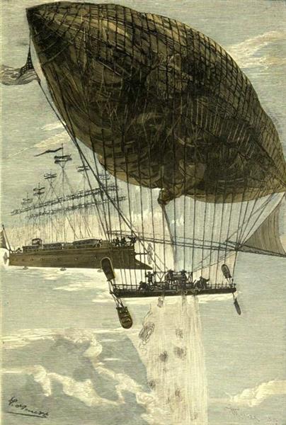 "Robur the Conqueror" by Lon Benett
In Jules Verne's novel "Robur the Conqueror," Robur almost rams his propeller-powered flying vessel 'Albatross' into the slower blimp 'Goahead'