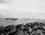 Another view of Murderer's Row in Ulithi Anchorage December 1944. In order are Wasp (CV-18), Yorktown (CV-10), Hornet (CV-12), Hancock (CV-19). Note...