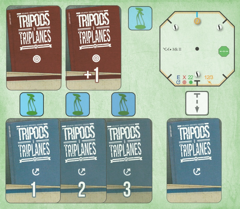 Tripods & Triplanes
Tripod Cockpit Card Mk II

This is for my Playtest Prototype. The symbols above the Maneuver cards are for the action tokens selected for each phase (or recovery tokens, etc...), and a Reverse maneuver reminder under the Tripod "Card".