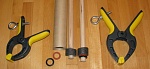 Close-up of the Dowel ends, showing the pipe insulation foam, the hose washers and hose "O" rings, wit the clamps and eyebolts