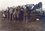 Downed Belgian B.E.2, 8th April 1917 at Koekelare 
 
Nothing on reverse. 
 
German cavalrymen inspect the remains of a Belgian B.E.2 fitted with a...